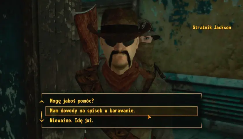 Strażnik Jackson z New Vegas pyta, czy mogę pomóc. W tle widać drugą postać.