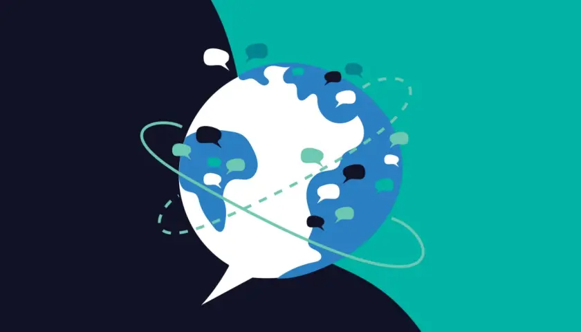 A stylized globe with speech bubbles orbiting it, representing global communication and employee engagement score benchmark.