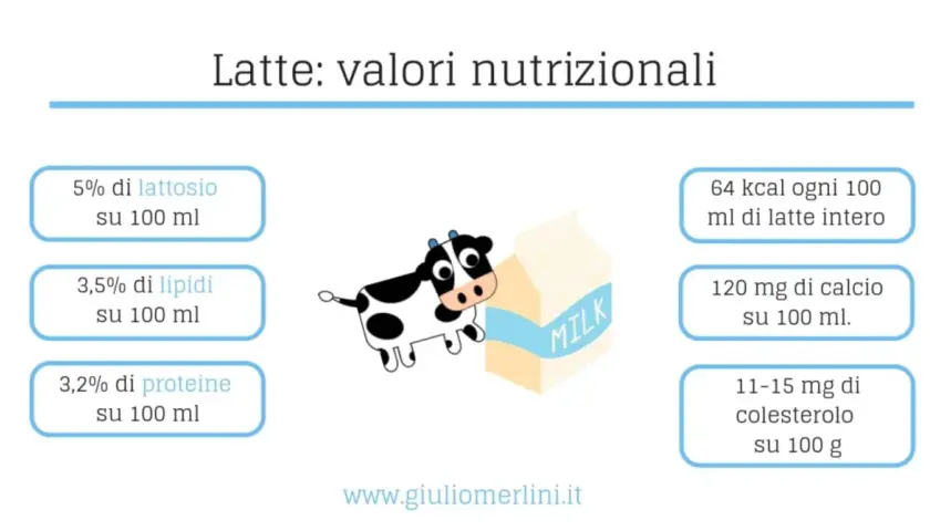 Latte intero valori nutrizionali: 64 kcal, 3,5% lipidi, 3,2% proteine, 5% lattosio, 120mg calcio e 11-15mg colesterolo per 100ml/g.