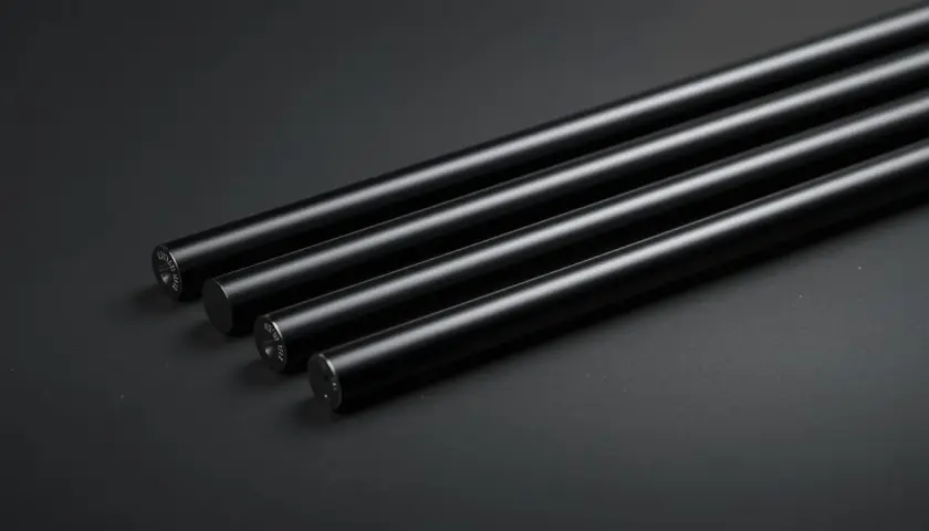 Quattro barre cilindriche con finitura opaca, risultato di un'accurata anodizzazione nera, disposte diagonalmente su sfondo scuro.