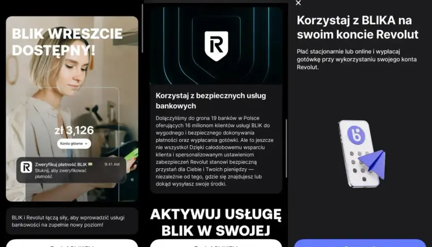 Aplikacja Revolut informuje o dostępności BLIKA, umożliwiając bezpieczne płatności i wypłaty gotówki.