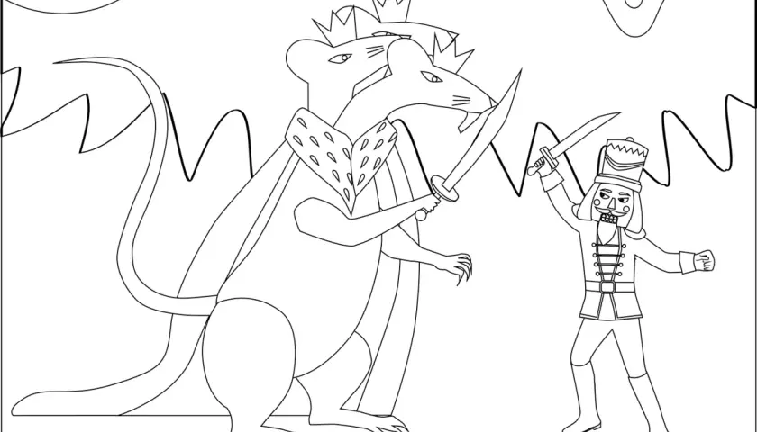 Un cascanueces para colorear se enfrenta a un rey rata con espada. ¡Una batalla épica lista para ser pintada!