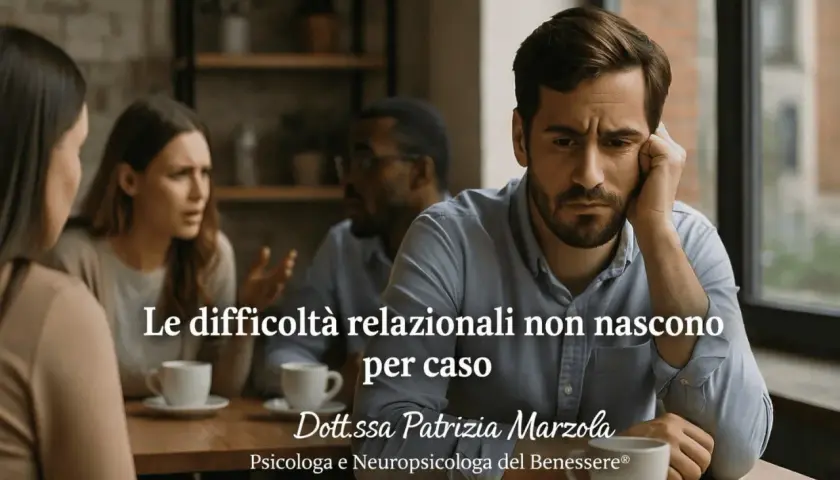 Uomo pensieroso in primo piano, mentre sullo sfondo una coppia discute animatamente. Le difficoltà relazionali possono colpire anche adulti che non hanno mai avuto una relazione.