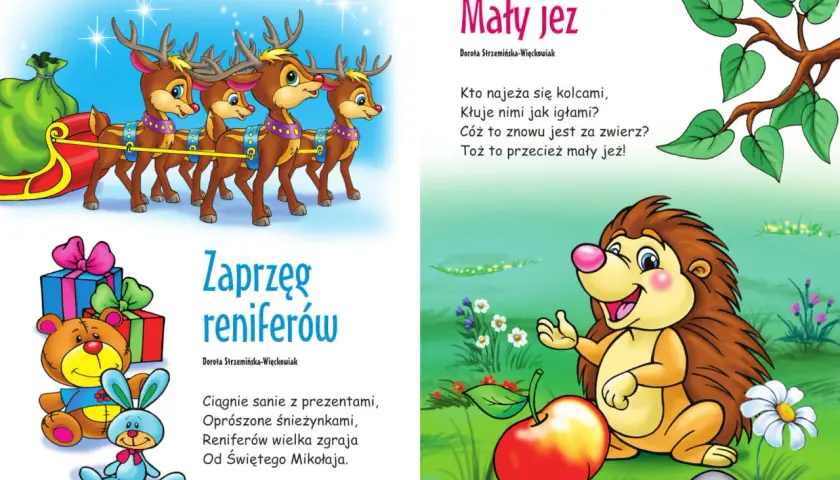 Ilustracja z reniferami ciągnącymi sanie z prezentami i małym jeżem z jabłkiem.