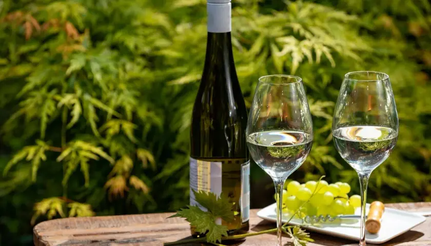 Bouteille de riesling avec deux verres, une grappe de raisin et un tire-bouchon sur une table en bois, dans un jardin verdoyant.