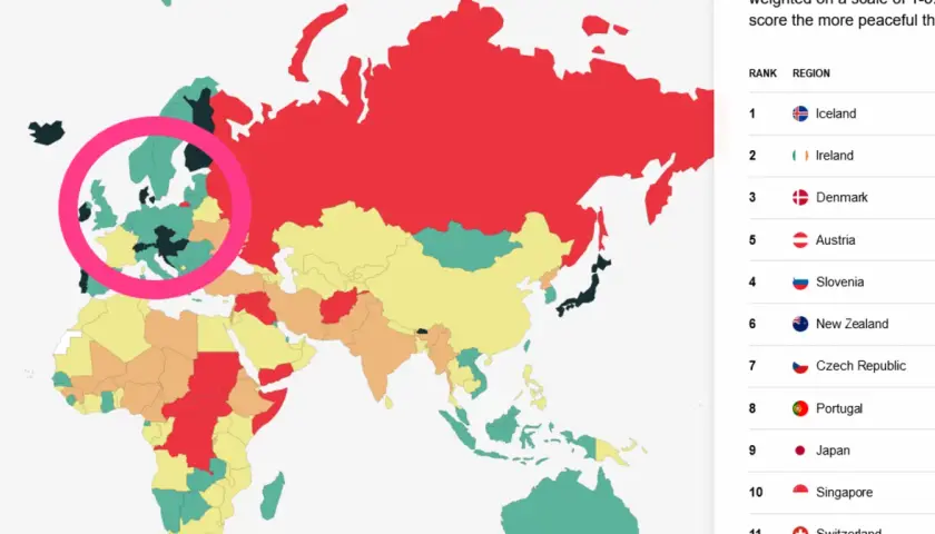 Mapa świata z zaznaczonymi krajami. Islandia jest na pierwszym miejscu jako najbezpieczniejszy kraj na świecie.