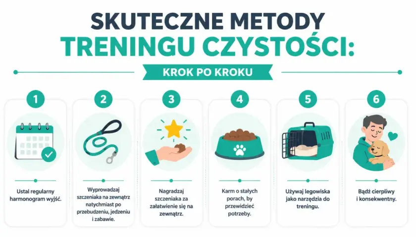 Jak oduczyć psa sikać w domu: ustal harmonogram, nagradzaj załatwianie się na zewnątrz, karm o stałych porach, używaj legowiska, bądź cierpliwy.