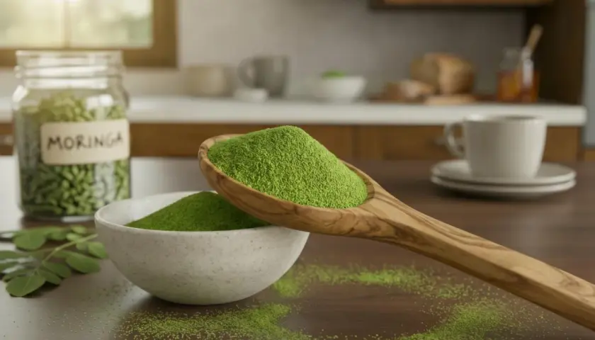 Polvere di moringa su un cucchiaio di legno, con un barattolo e una ciotola pieni. Scopri le incredibili moringa proprietà per il tuo benessere.