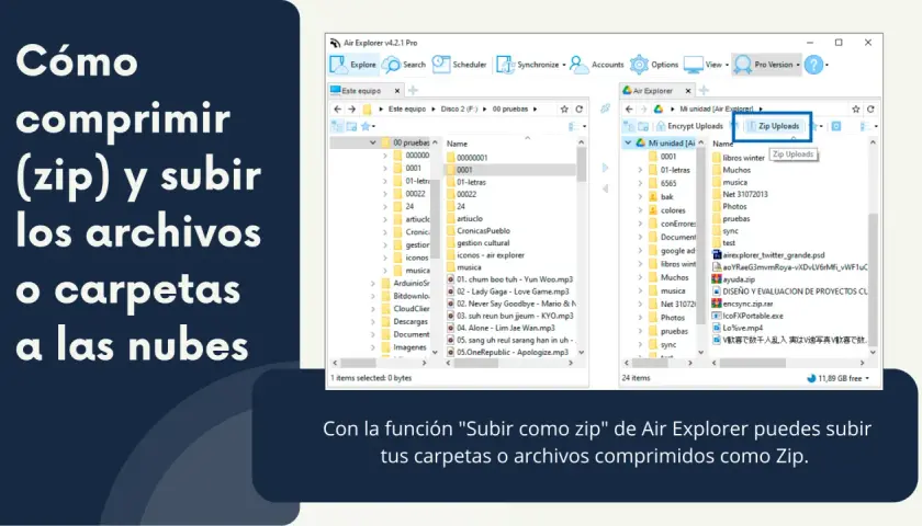 Cómo comprimir (zip) y subir archivos a la nube. Air Explorer muestra la opción "Zip Uploads" para subir carpetas comprimidas.