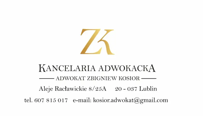 Logo kancelarii adwokackiej ZK, dane kontaktowe i adres.