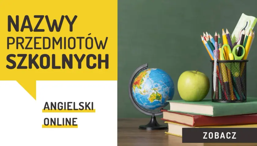 Nauka angielskiego online. Na zdjęciu przybory szkolne: kredki, nożyczki, linijka, jabłko, globus i książki.