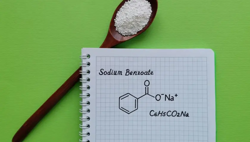 Drewniana łyżka z białym proszkiem, obok notatnik z napisem "Sodium Benzoate" i jego wzorem chemicznym.