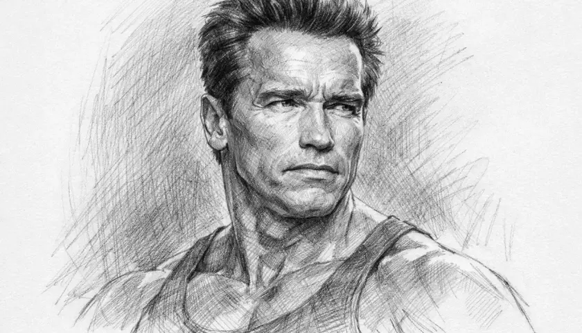 Portret Arnolda Schwarzeneggera w podkoszulku. Zastanawiasz się, ile lat ma Schwarzenegger?
