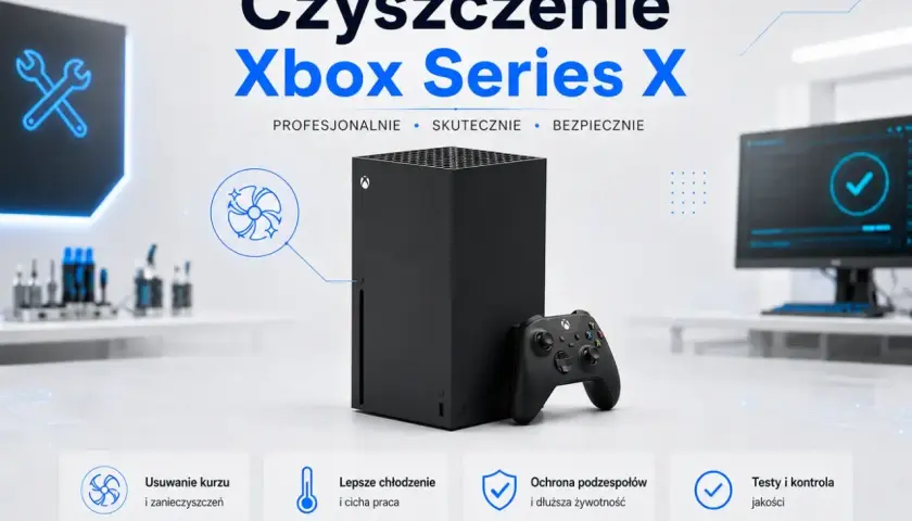 Profesjonalne czyszczenie Xbox Series X: usuwanie kurzu, lepsze chłodzenie, ochrona podzespołów i kontrola jakości. Zapewnij konsoli dłuższą żywotność.