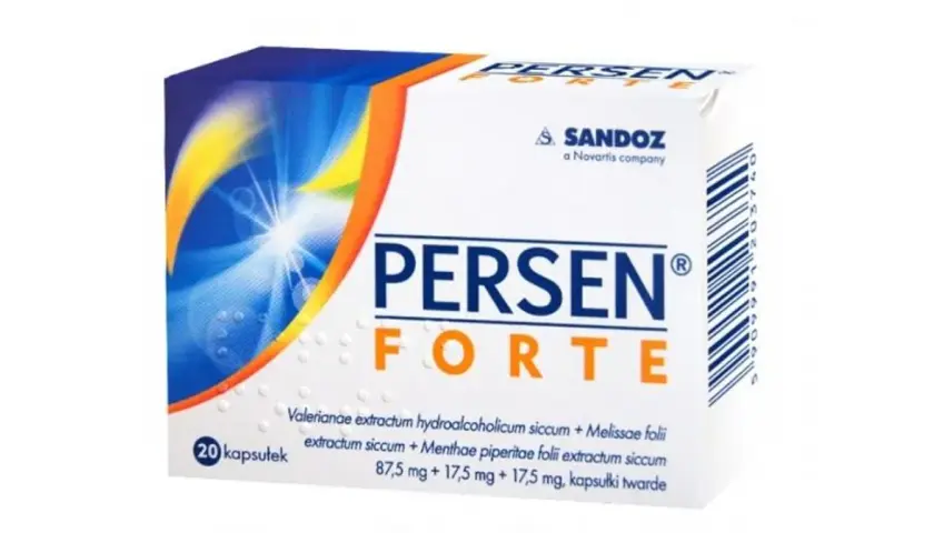 Opakowanie leku Persen Forte, zawierające 20 kapsułek. Na pudełku widnieje logo Sandoz.