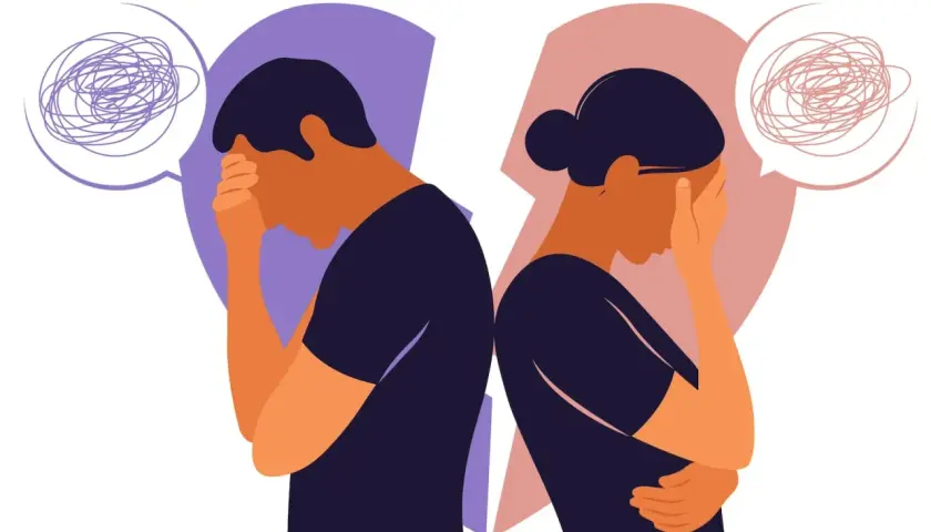 Coppia in pausa di riflessione, con pensieri confusi che emergono da nuvole di dialogo.
