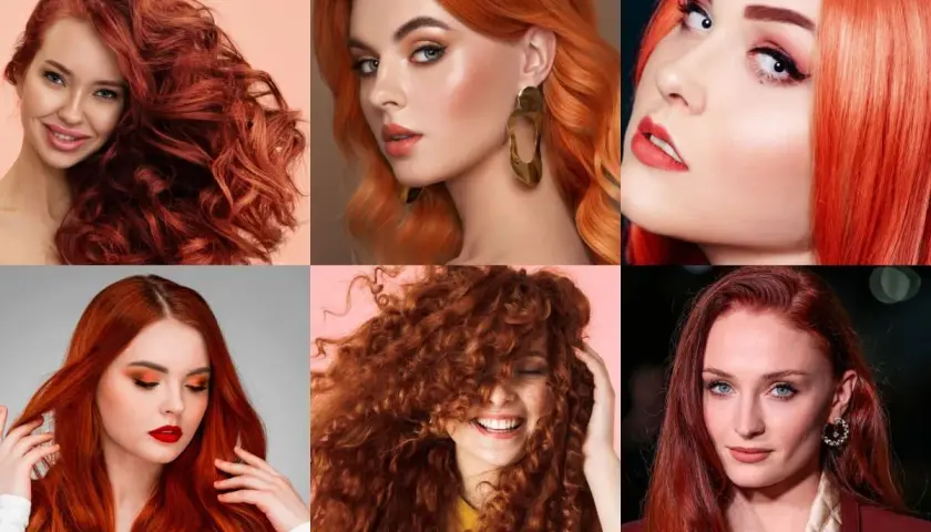 Seis mujeres con cabello rubio cobrizo claro con mechas, en diferentes estilos y texturas.