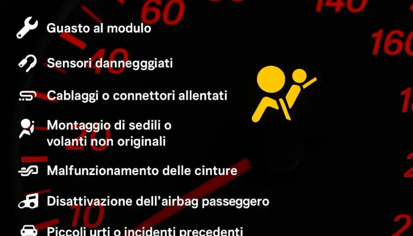 Spia airbag accesa: guasto modulo, sensori, cablaggi, montaggio non originale, cinture, disattivazione passeggero o urti precedenti.