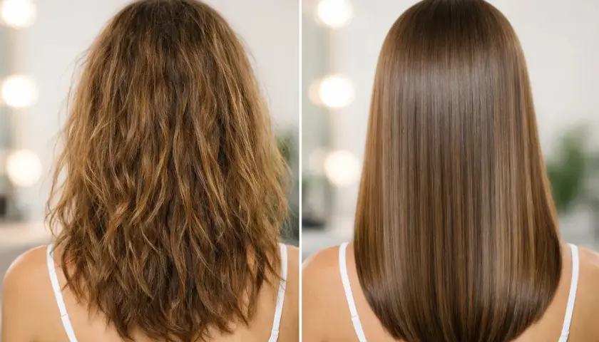 Pelo matizado antes: seco y rebelde. Después: liso, brillante y sedoso. ¡Una transformación increíble!
