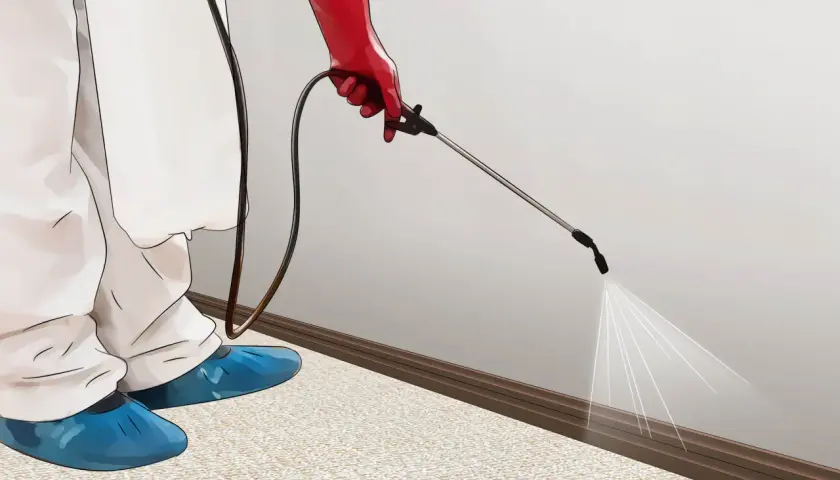 Persona con traje protector y guantes rojos rocía insecticida en la base de una pared para eliminar pulgas en casa.