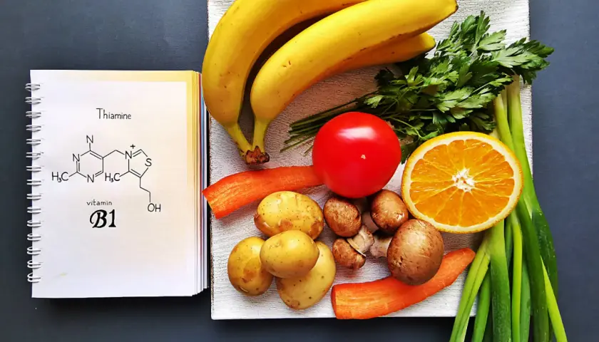 Banane, arance, patate e carote: una selezione di frutta e verdura ricca di vitamina B1, essenziale per il nostro benessere.
