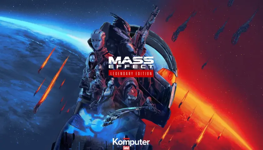 Postacie z Mass Effect 3 na tle planety i statków kosmicznych. Widoczny napis "Mass Effect Legendary Edition".