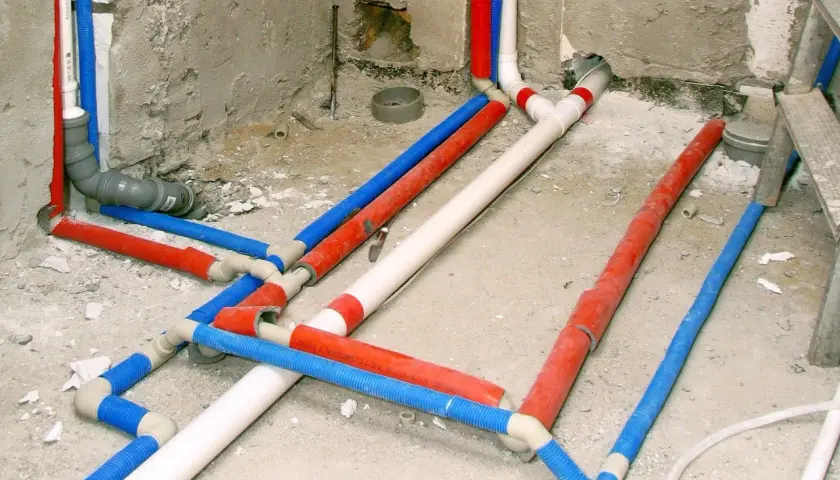Skomplikowana instalacja wodociągowa z rurami w kolorach czerwonym, niebieskim i białym, przygotowana do ukrycia w ścianie.