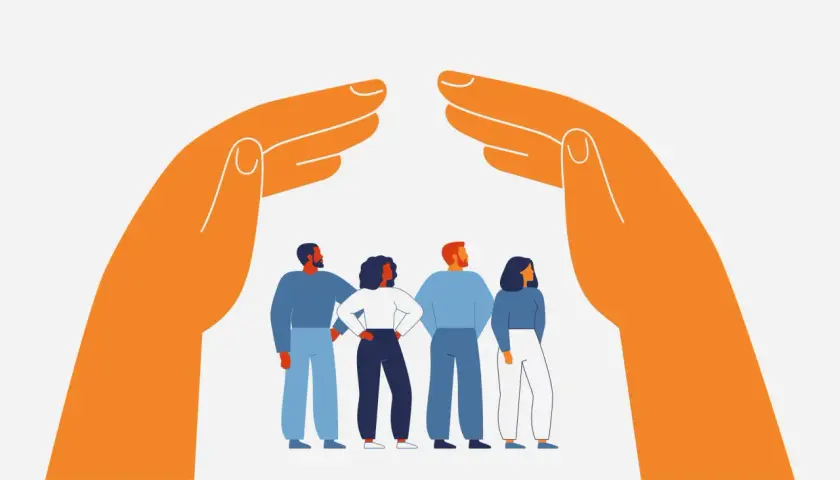 Four diverse individuals stand under the protective embrace of two large orange hands, symbolizing government collaboration and support for its citizens.