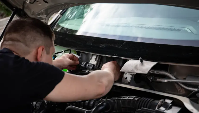Mechanik sprawdza wiązkę w samochodzie, podłączając złącze elektryczne w komorze silnika.
