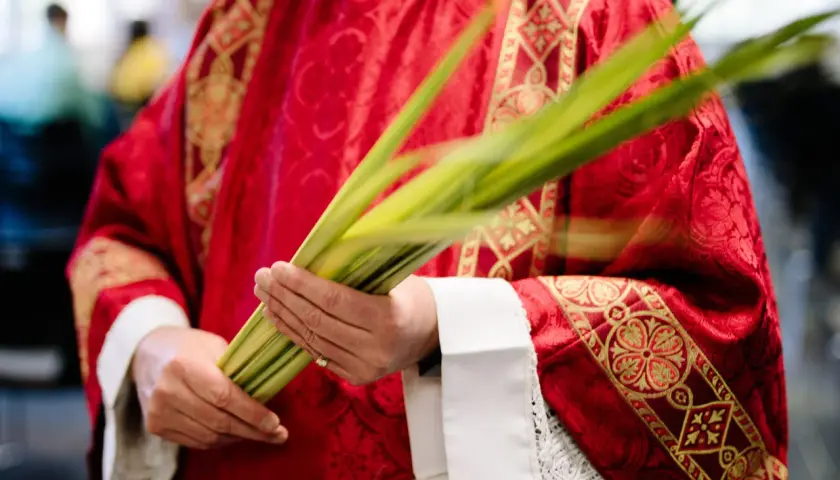 Kapłan w czerwonej, bogato zdobionej szacie trzyma gałązki palmowe. Długość mszy w Niedzielę Palmową zależy od parafii.