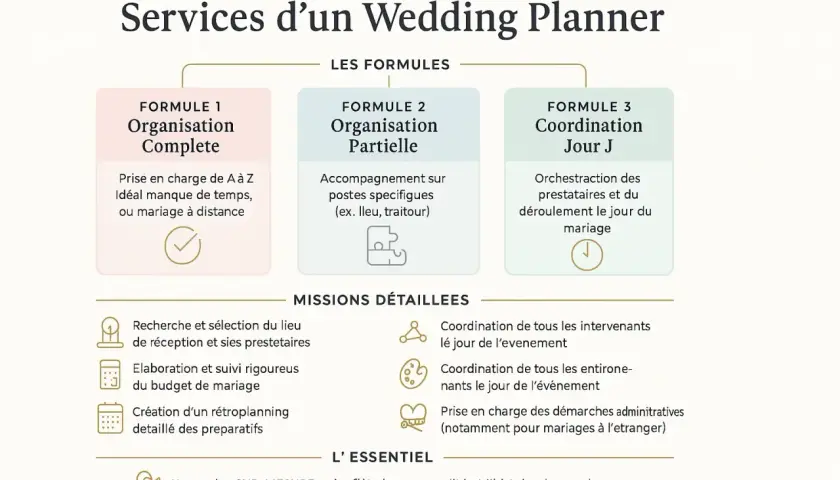 Services d'un wedding planner : 3 formules pour votre planning mariage, de l'organisation complète à la coordination du Jour J.