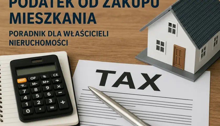 Model domu, kalkulator i dokument "TAX" symbolizują podatek od zakupu nieruchomości. Poradnik dla właścicieli.