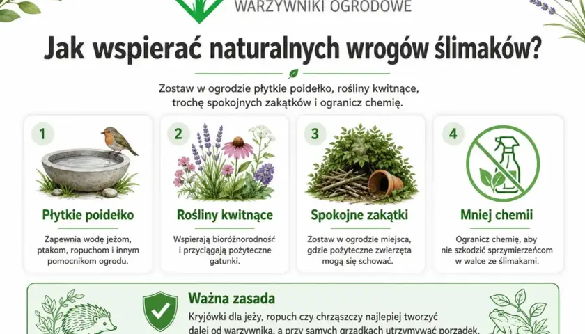 Jak wspierać naturalnych wrogów ślimaków? Płytkie poidełko, rośliny kwitnące, spokojne zakątki i mniej chemii pomogą w walce ze ślimakami.