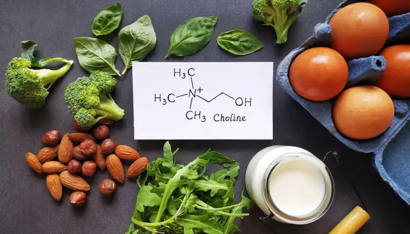 Broccoli, eggs, nuts, arugula, milk e la formula chimica della colina, un nutriente essenziale per il cervello.