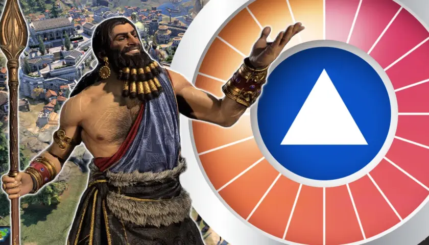 Ein Krieger mit Speer und antiker Stadt im Hintergrund, neben einem bunten Rad mit Dreieck – vielleicht ein Hinweis auf Civilization 7.