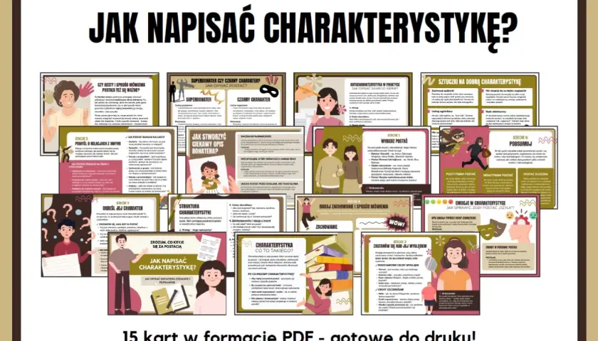 Grafika przedstawia kolaż kart z poradnikiem o pisaniu charakterystyki postaci, z tytułem "Jak napisać charakterystykę?".