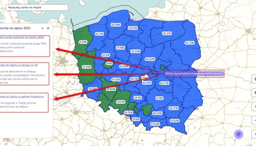 Mapa Polski z zaznaczonymi okręgami wyborczymi do Sejmu i procentami głosów. Kliknij, by sprawdzić szczegółowe wyniki wyborów.