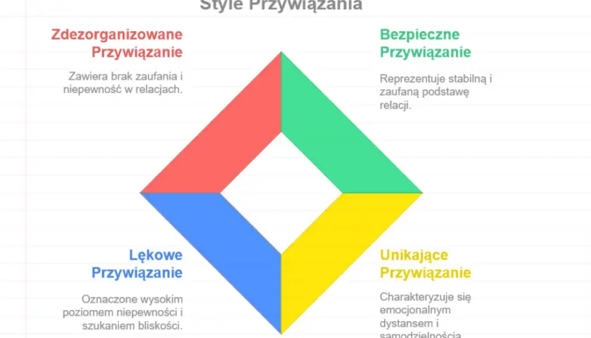 Diagram przedstawia 4 style przywiązania: bezpieczne, lękowe, unikające i zdezorganizowane.