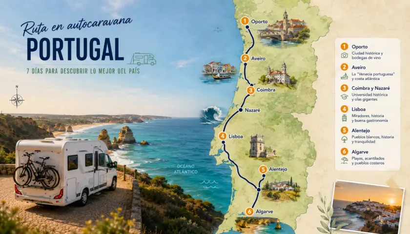 Autocaravana en la costa portuguesa, con ruta de Oporto a Algarve.