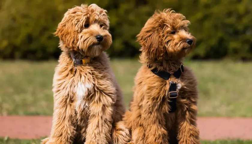 Dwa urocze szczenięta labradoodle siedzą obok siebie. Zastanawiasz się nad labradoodle cena?