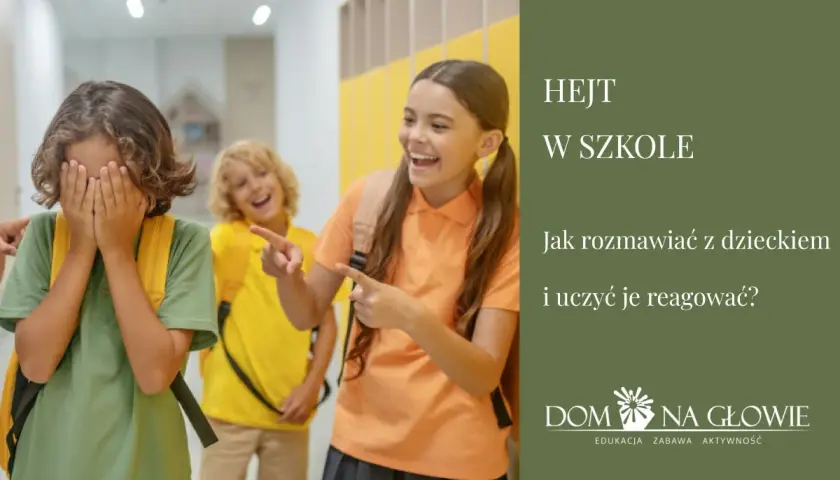 Dziecko zakrywa twarz, podczas gdy inne śmieją się i wskazują palcami. Obraz symbolizuje hejt w szkole i potrzebę rozmowy z dziećmi o tym, jak reagować.