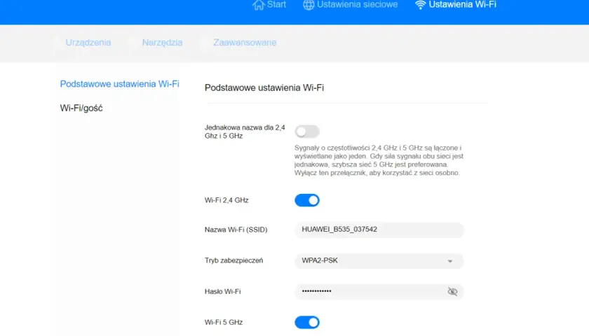 Ustawienia Wi-Fi: sprawdź, jak sprawdzić ile GHz ma Wi-Fi, wybierając między 2,4 GHz a 5 GHz.