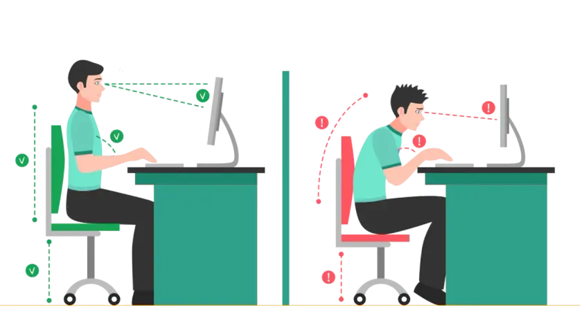 Dwa przykłady siedzenia przy biurku: po lewej prawidłowa postawa, po prawej zła. Kluczowa jest ergonomia.