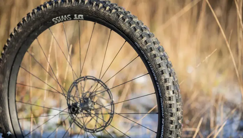 Close-up of a DT Swiss wheel with a Schwalbe Magic Mary tire, ready for a gravity-defying review.