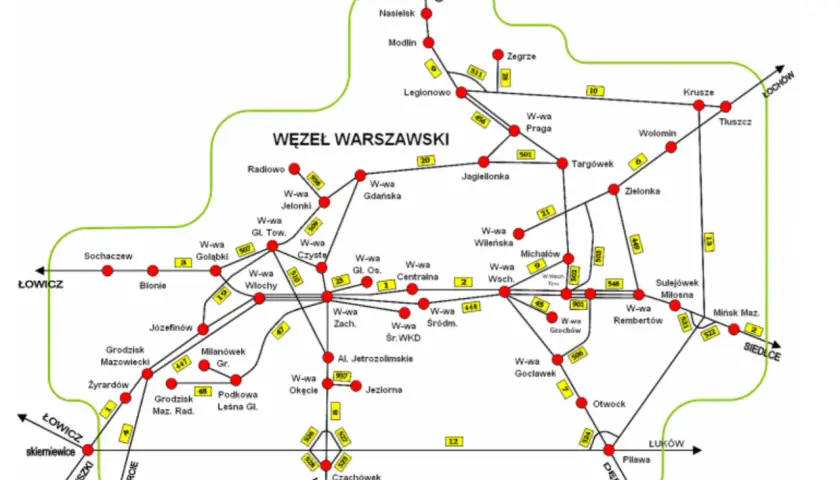 Mapa węzła kolejowego Warszawy z zaznaczonymi trasami i stacjami. Wiele linii kolejowych krzyżuje się w stolicy.