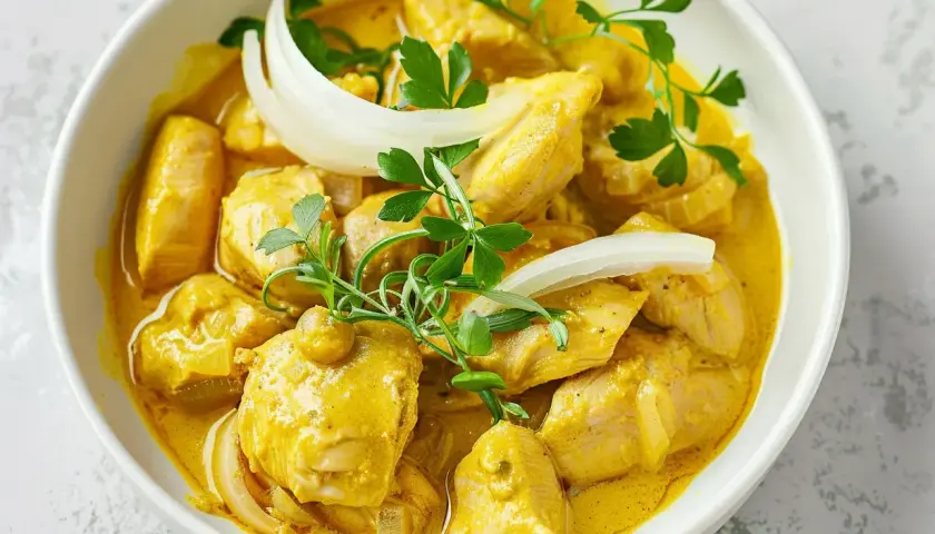 En krämig panang curry med kycklingbitar, lök och färsk persilja i en vit skål.