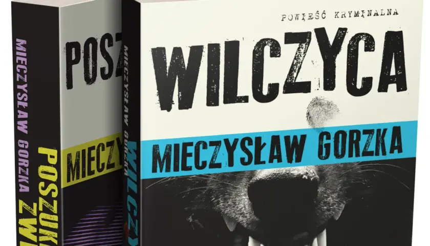 Okładka kryminału "Wilczyca" Mieczysław Gorzka. Widoczny fragment pyska wilka i odcisk palca.
