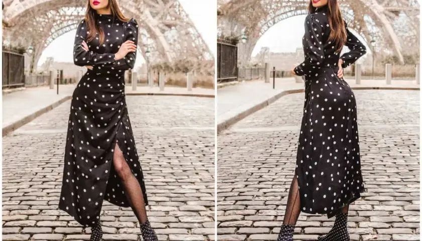 Elegancka kobieta w czarnej sukience w grochy i niebieskim beretcie, prezentująca inspiracje na temat: jakie dodatki do sukienki w grochy.
