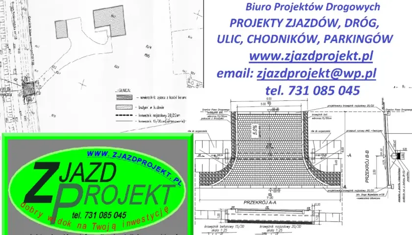 Projekt zjazdu z drogi gminnej bez zgłoszenia, z elementami drogi, chodnika i parkingu.