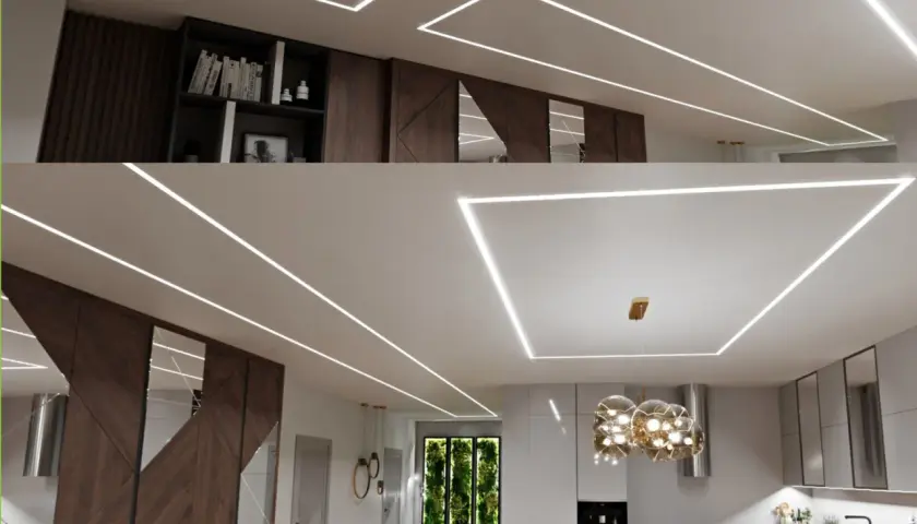 Nowoczesne sufity podwieszane z taśmą LED tworzą eleganckie linie świetlne, idealne do każdego wnętrza.
